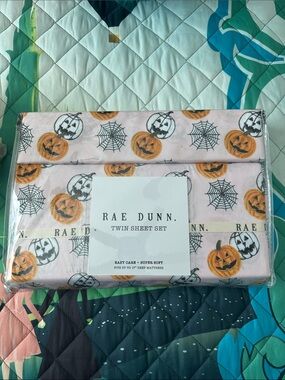 Rae Dunn Pink Pumpkin & Spiderweb Twin Sheet Set